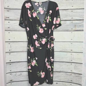 Anne Klein Floral Wrap Dress Womens 1X Black Pink